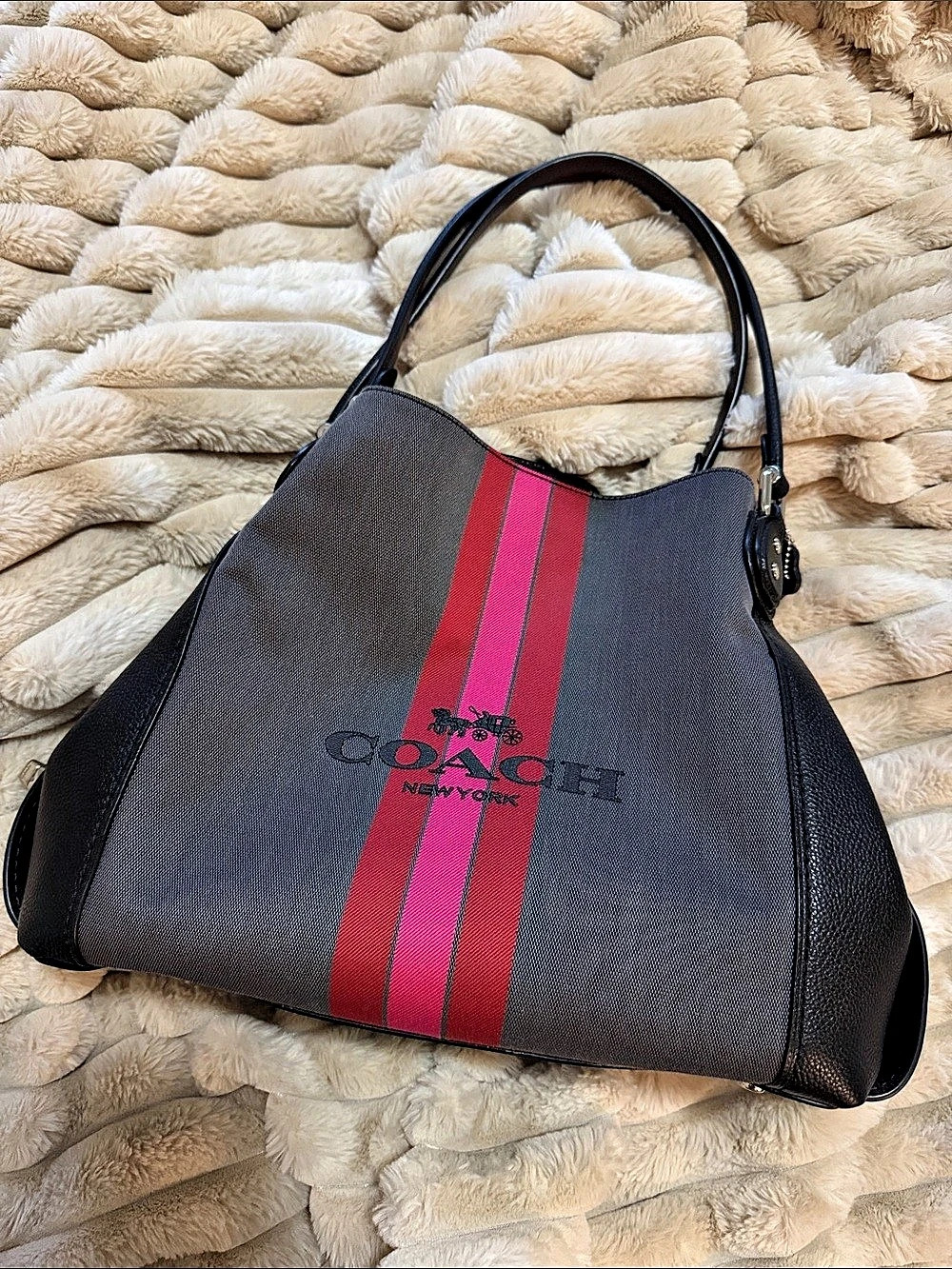 Coach Signature Stripe Hobo Bag Color Block Black & Pink